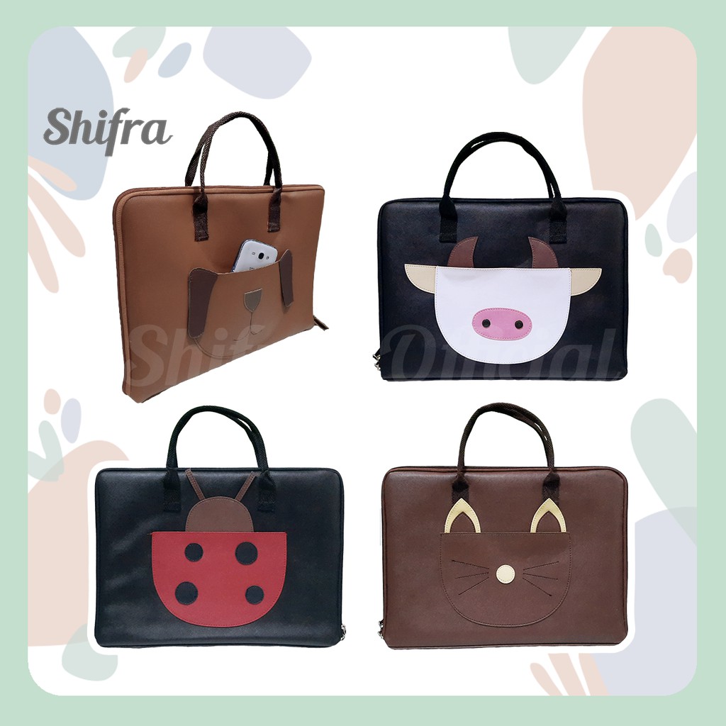 Shifra Tas Laptop Jinjing Kantong Depan Slot Gambar Animal Dog Cow Ladybug Cat