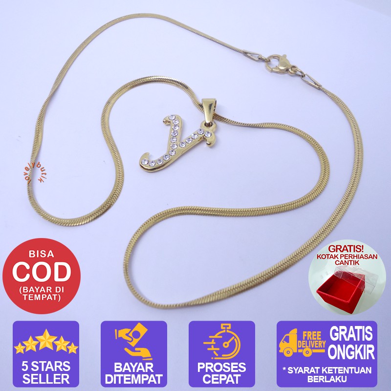 Lovelybutik Kalung Huruf Wanita Pria Titanium Anti Karat Inisial Y Uk 45 cm BONUS KOTAK PERHIASAN