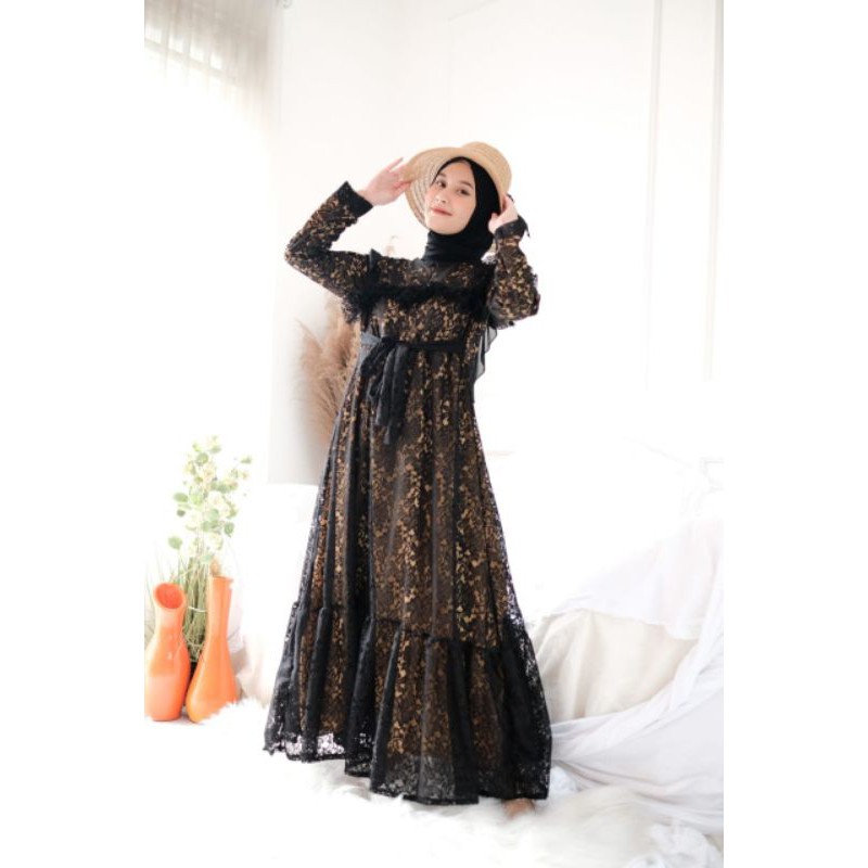 Gamis Brukat Mewah Busui Friendly Model Ruffle Motif Bunga Varian Putih Hitam Shopee Indonesia