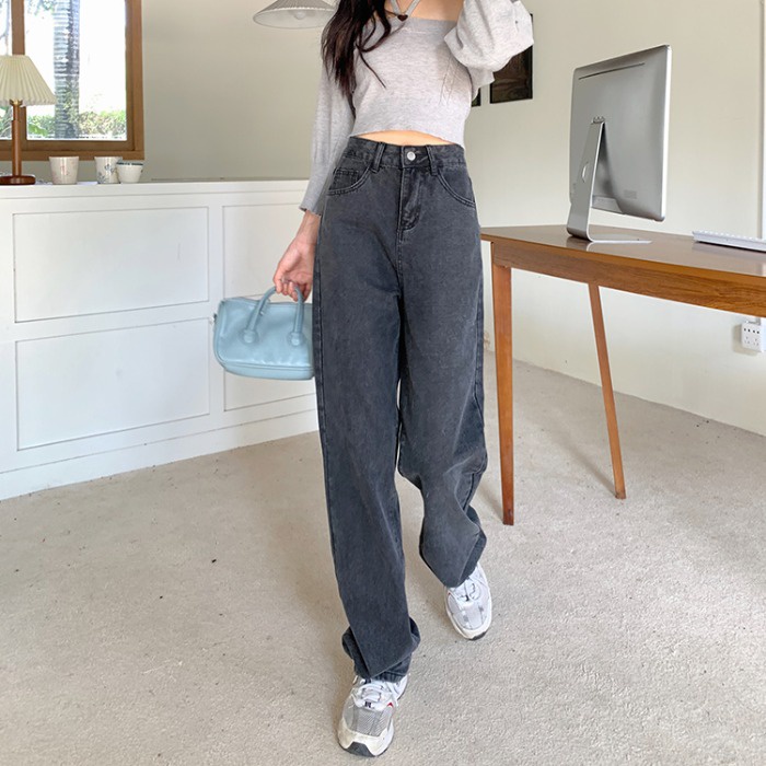 Celana Panjang Boyfriend Jeans Wanita Highwaist Abu-abu hitam