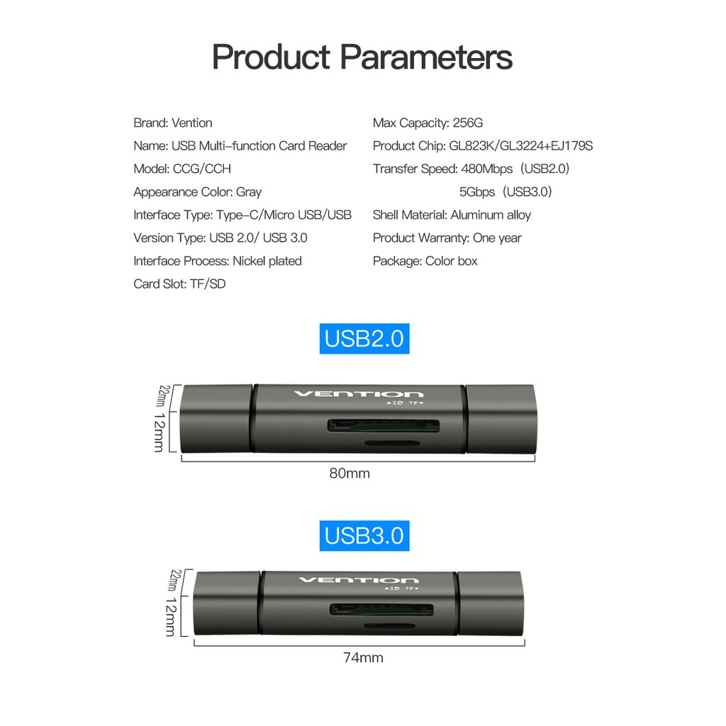CARD READER VENTION USB 3.0 MULTI FUNCTION CCHH0 TYPE C