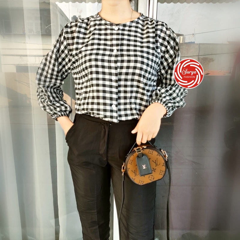 KAYOUNG BLOUSE | MISAN BLOUSE POLKA TOP ATASAN WANITA KOREAN STYLE-KOTAK HITAM