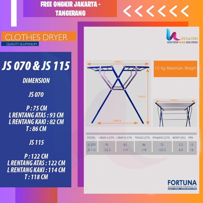 Jemuran Baju Pakaian Fortuna Aluminium - Fortuna JS115 FREE ONGKIR