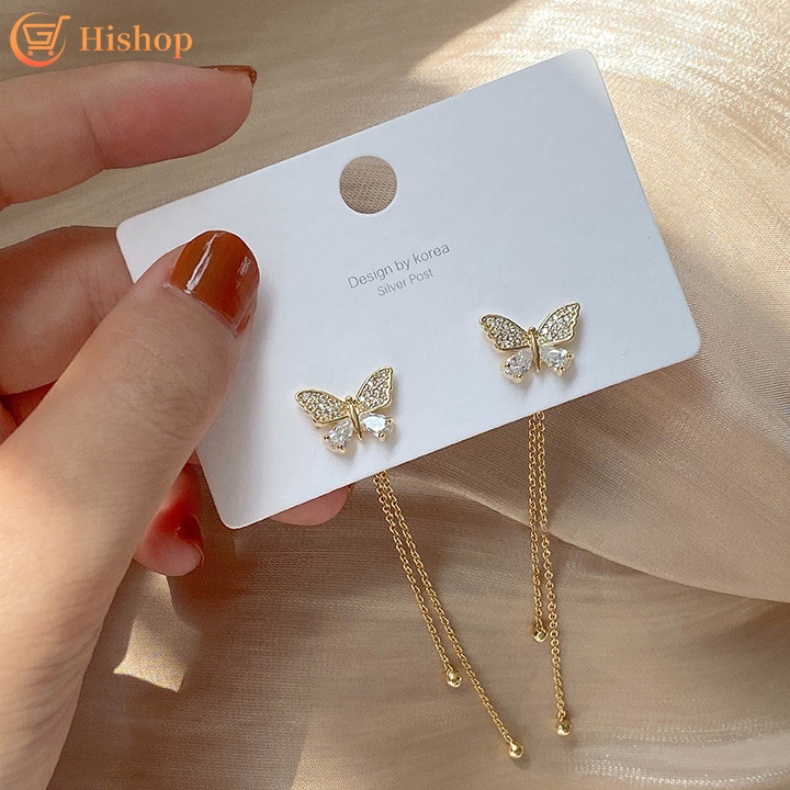 Anting Stud Rumbai Desain Kupu-Kupu Aksen Kristal Warna Emas Untuk Wanita