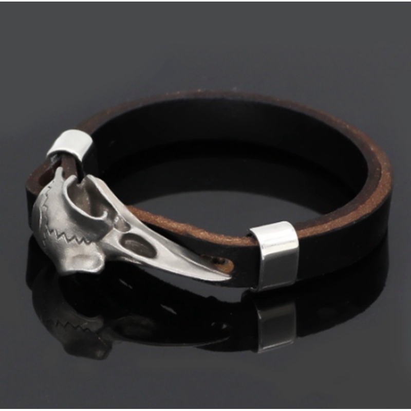 Gelang Tangan Kulit Sapi Aksen Tengkorak+Mahkota Stainless Steel Ala Viking Untuk Pria