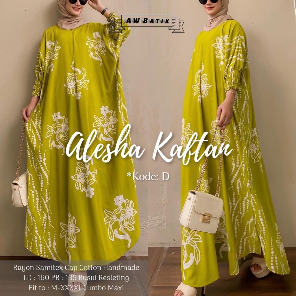 Batik A W - Alesha Kaftan Batik Wanita Jumbo XXXXL Motif Batik Cap Encim Soft Color Busui Resleting Lengan 3/4 Gamis Rayon Jumbo Kaftan Terbaru