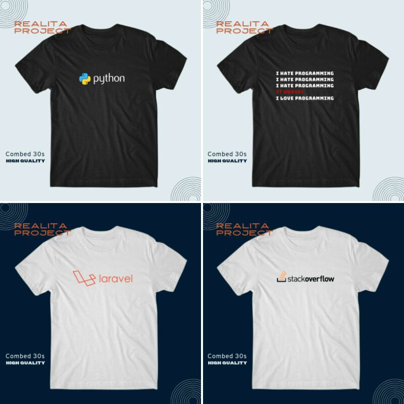 Kaos Combed 30S Kaos Programmer Python / Laravel / Stack Overflow / I Love Programming
