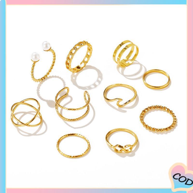 COD❤️10 Buah Set Wanita Kreatif Sederhana Manik-manik Ganda Cincin Gabungan Geometri Gelombang Mutiara-A.one