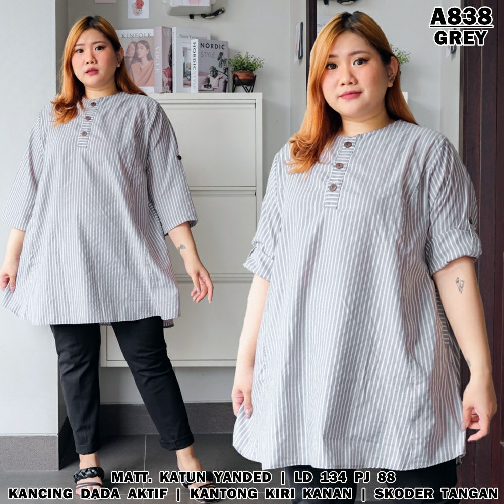 WSE390 - Blouse Kemeja Lola BIG SIZE XXXL Blus Kemeja Wanita Besar 3XL Bahan Katun Salur LD 134 CM PJ 88 CM PREMIUM QUALITY