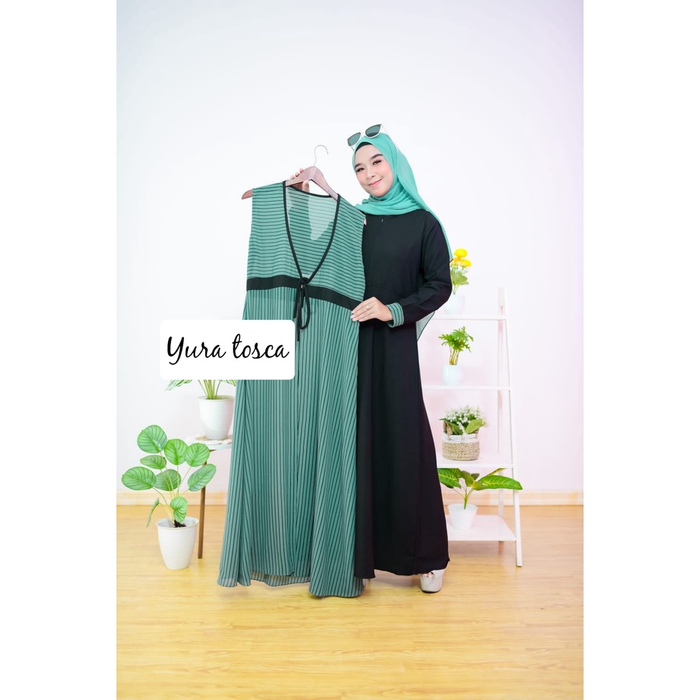 Gamis YURA SET CARDIGAN 2in1 2 in 1 dress renda maxidress shakila ceruty busana muslimah baju muslim wanita fashion grosir ecer reseller dropshiper