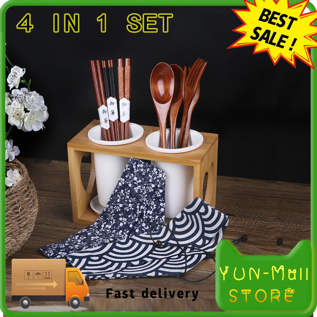 【COD+dalam stok+Pengiriman Cepat】Sendok Garpu Set Jepang Sumpit Kayu Sujeo Set Alat Makan Korea Jepang Sendok / Garpu/ Sumpit 4 IN 1  Set   Wooden Spoon Set