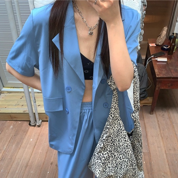 Busana wanita Korea jaket jas casual lengan pendek warna solid tipis