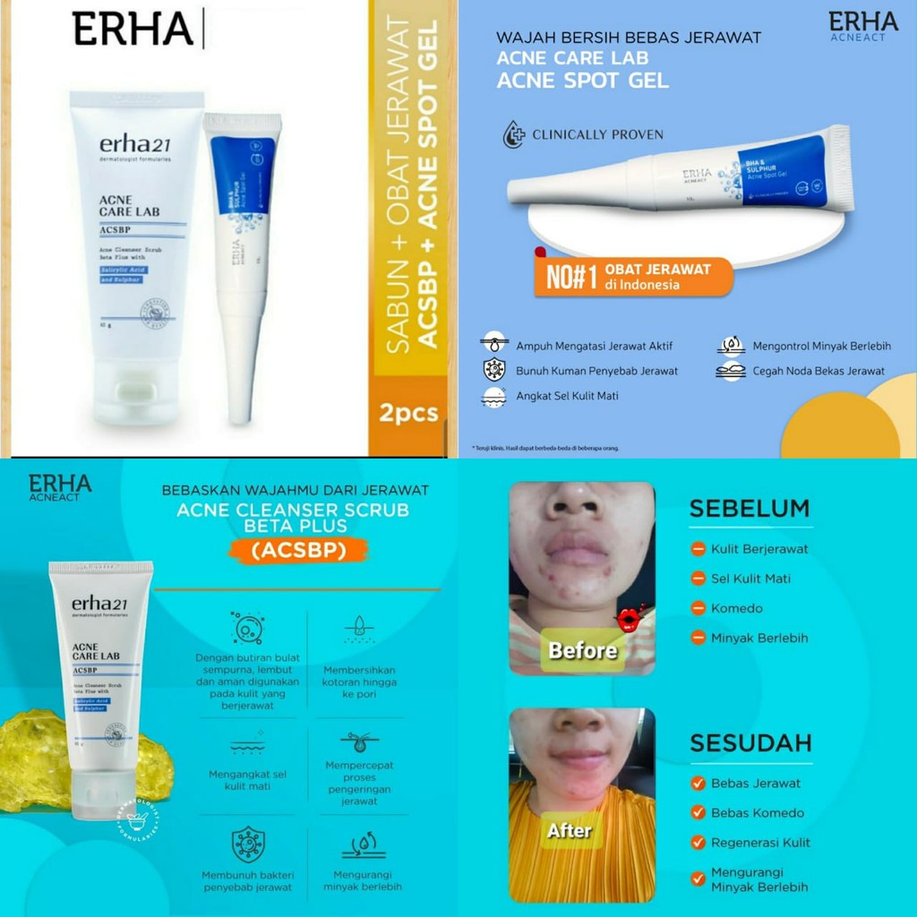 ERHA PAKET WAJAH BERJERAWAT ACNE CLEANSER SCRUB ACSBP &amp; ACNE SPOT GEL