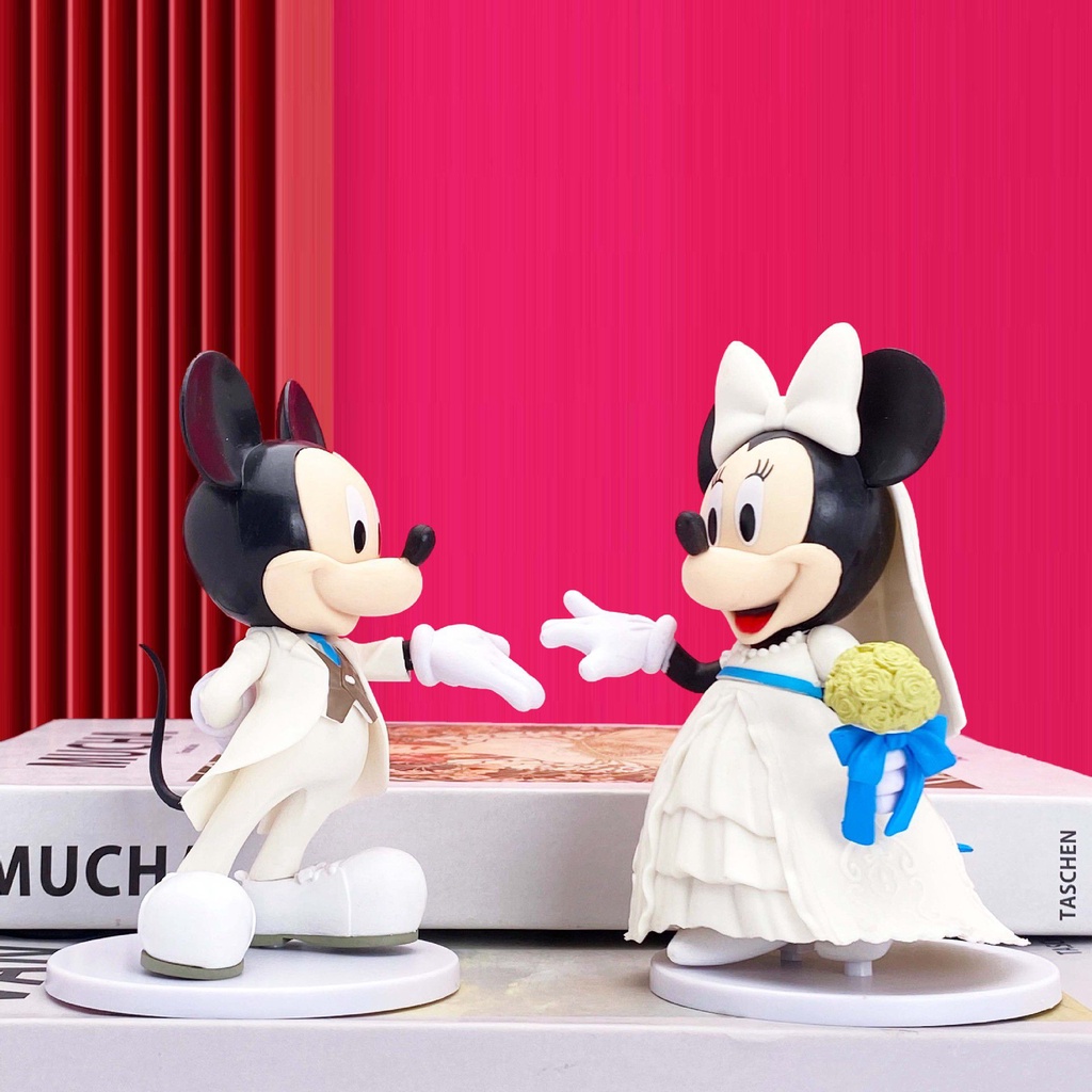 2pcs Disney Mickey Minnie White Wedding Dress Figure Doll Cake Topper Gift