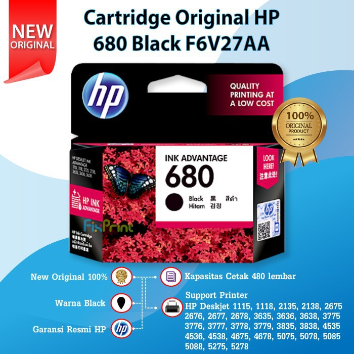 Ink cartridge HP 680 Black Original Catridge F6V27AA Katrid Tinta Printer 2138 3636 3638 4678 1118