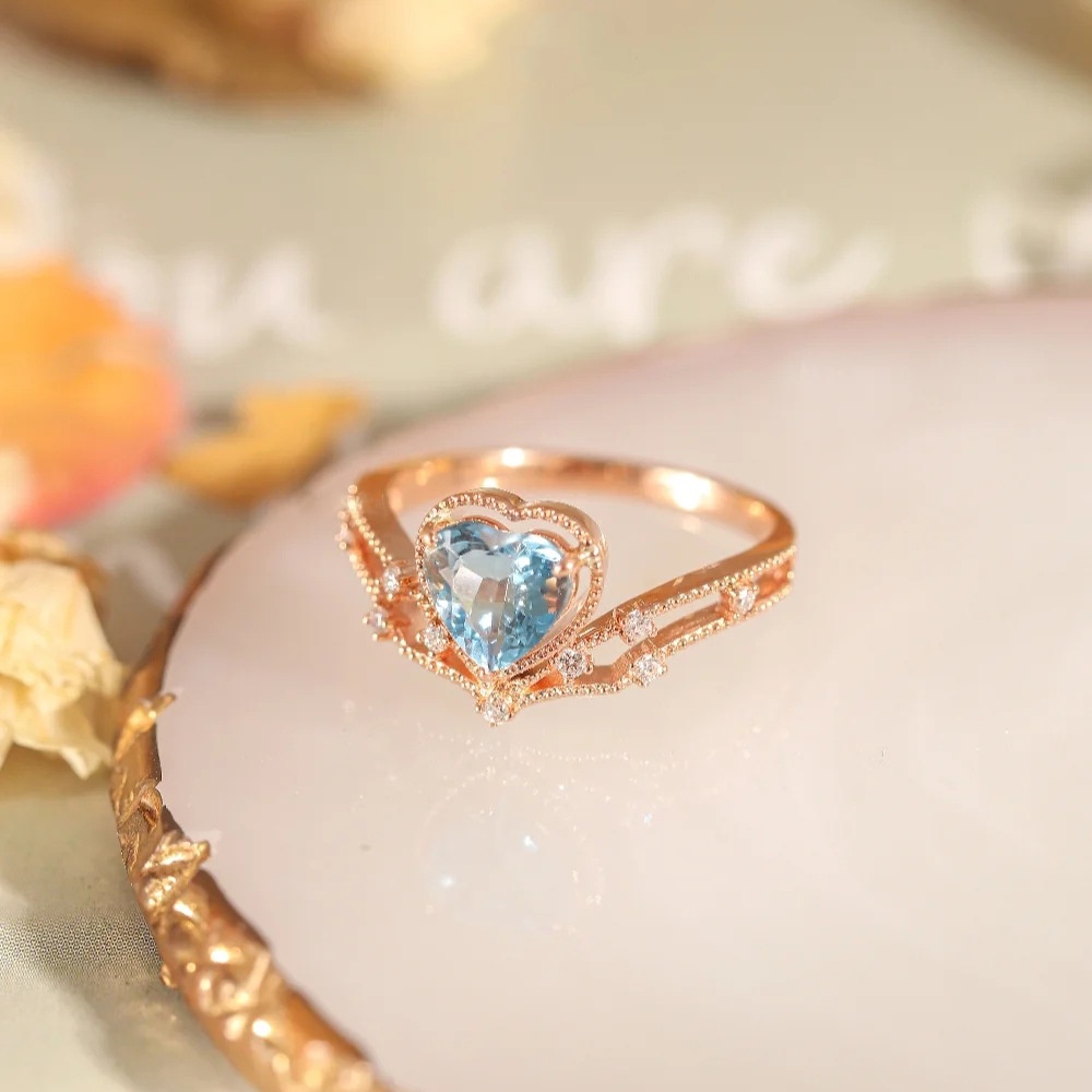 Cincin Berlian Aquamarine Bahan Titanium Steel Warna Rose Gold Untuk Wanita