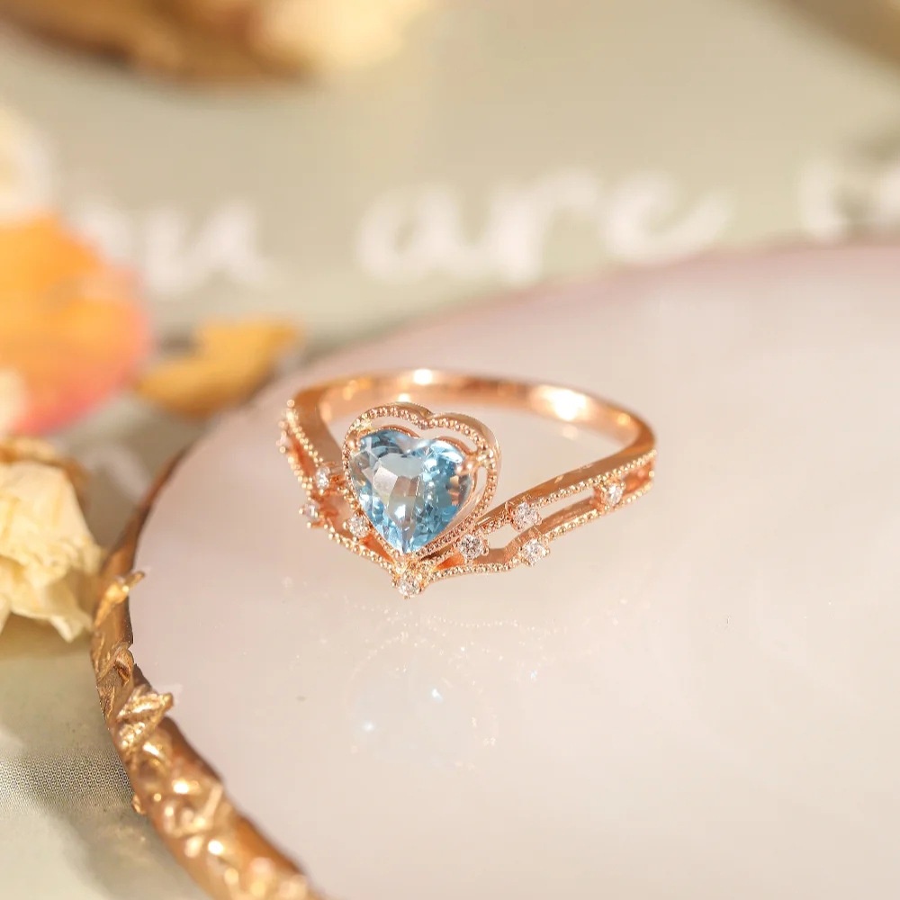 Cincin Silver S925 Hias Kristal Berlian Aquamarine Warna Rose Gold Untuk Wanita