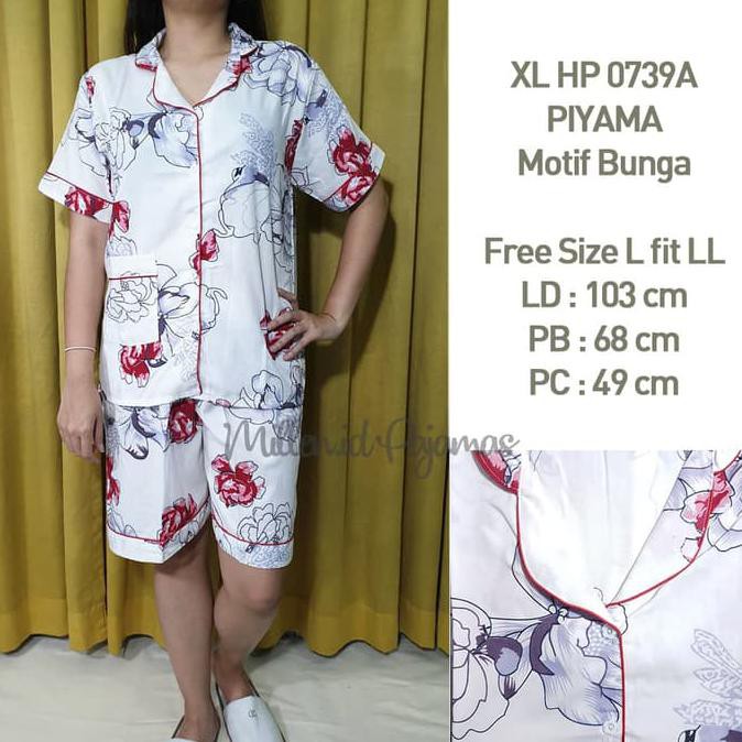 Setelan Piyama Wanita Putih Kembang Bunga Dasar Putih Katun XLHP-0739 - Merah