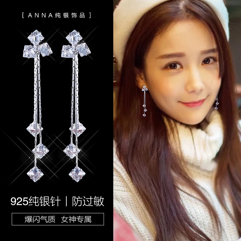 925 jarum perak panjang sudut zirkon anting-anting Korea temperamental jumbai anting-anting all-matc