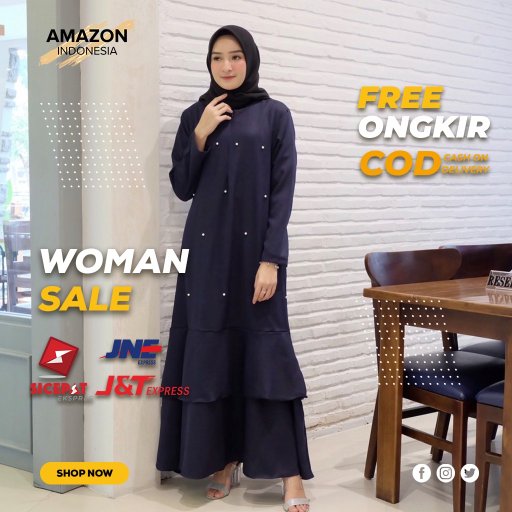 CASUAL MAXI DRESS PEREMPUAN WARNA NAVY BAHAN MOSCREPE ORIGINAL BEST QUALITY KOMBINASI MUTIARA IMPORT