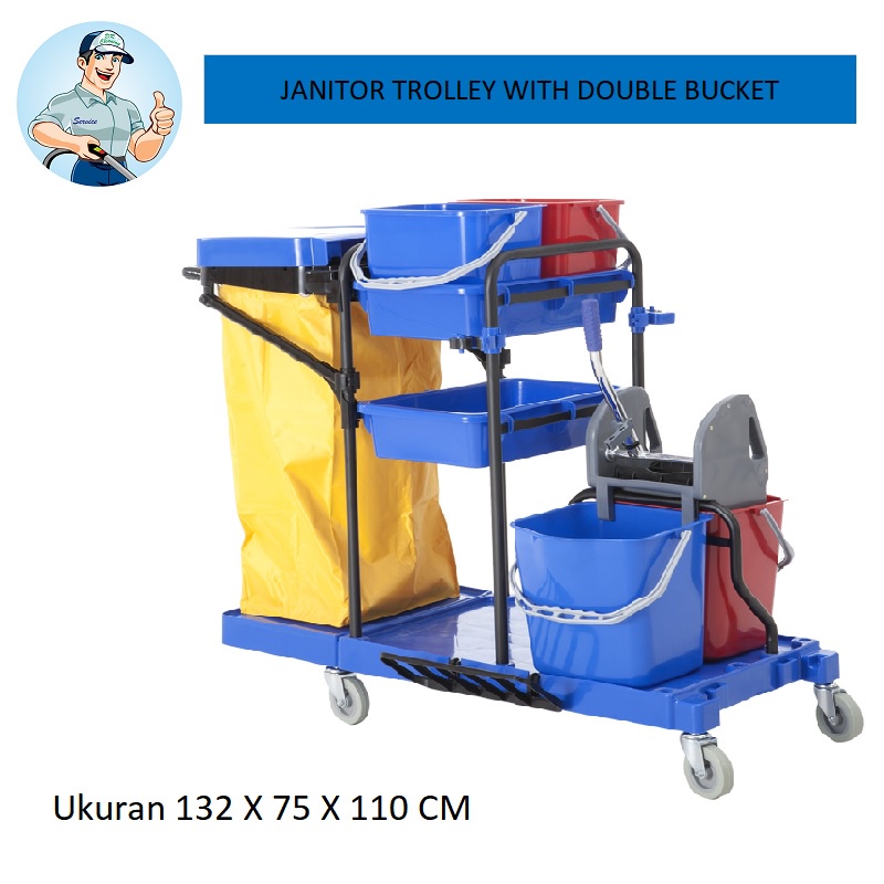 Janitor Trolley Biru dengan double bucket