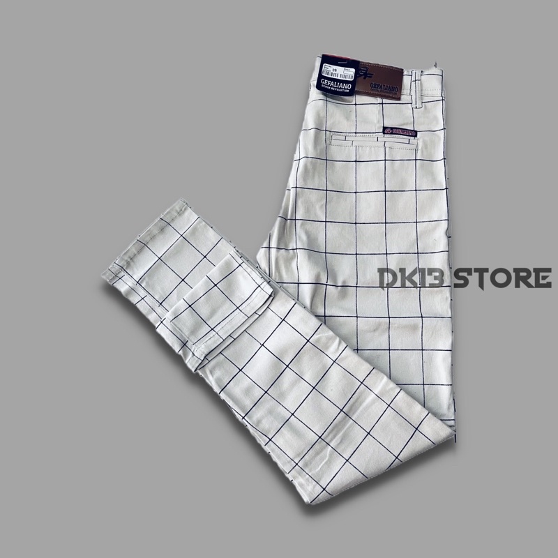 Celana Tartan Panjang Cream Pria Slim Fit Original Gefaliano Katun Twill Strecth 28-33