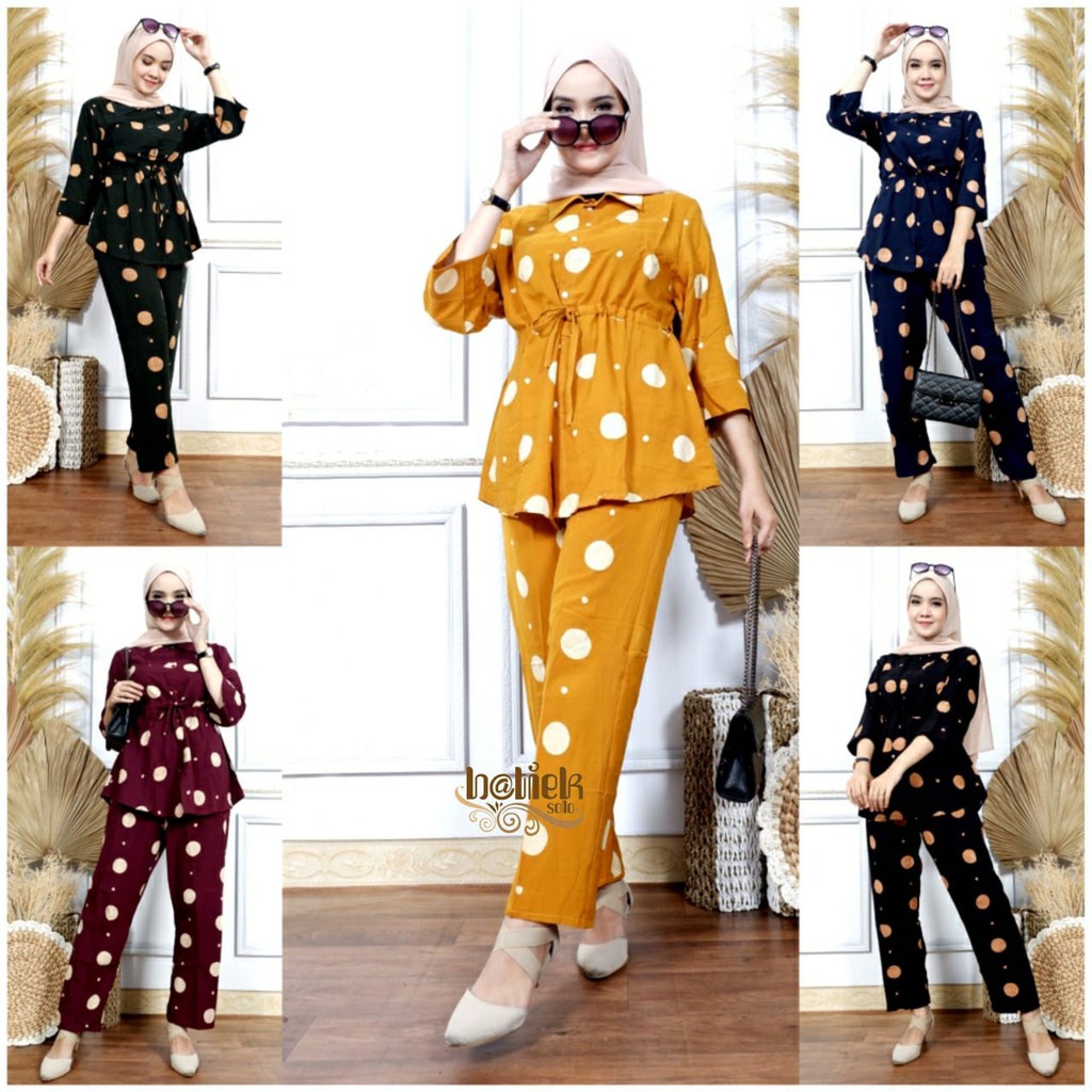 Baju Setelan One Set Stelan Wanita Kekinian Jumbo Korea Murah Terbaru Set CP Serut Polkadot