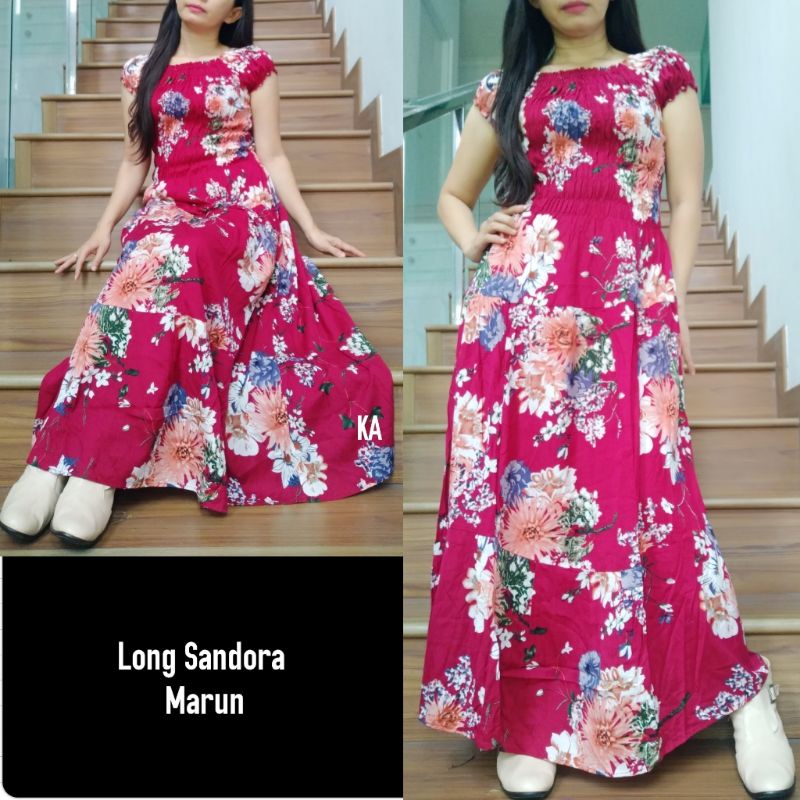 Daster Panjang Serut Dada Rayon Adem Longdress Cantik Bunga Sakura Natasha-Sandora maroon