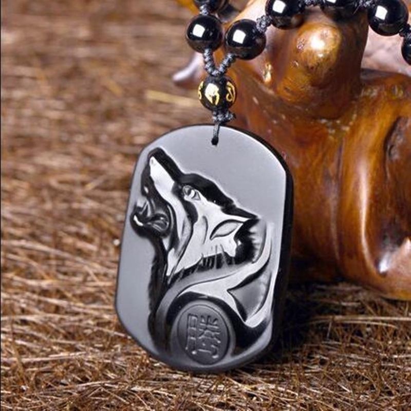 Kalung Rantai Jimat Liontin Kepala Serigala Warna Hitam Bahan Obsidian