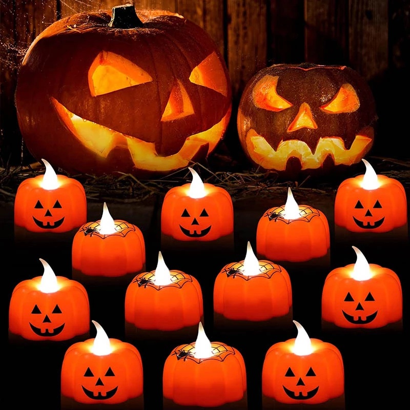 Lampu Lilin LED Bentuk Labu Hantu Tengkorak 3D Realistis Tenaga Baterai Untuk Dekorasi Halloween