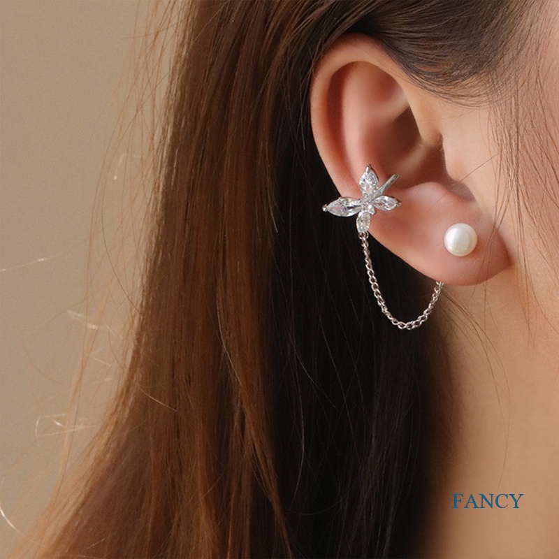 Perhiasan Anting Stud Klip Tulang Telinga Wanita Bentuk Kupu-Kupu Rumbai Mutiara Bahan Resin Gaya Vintage Korea