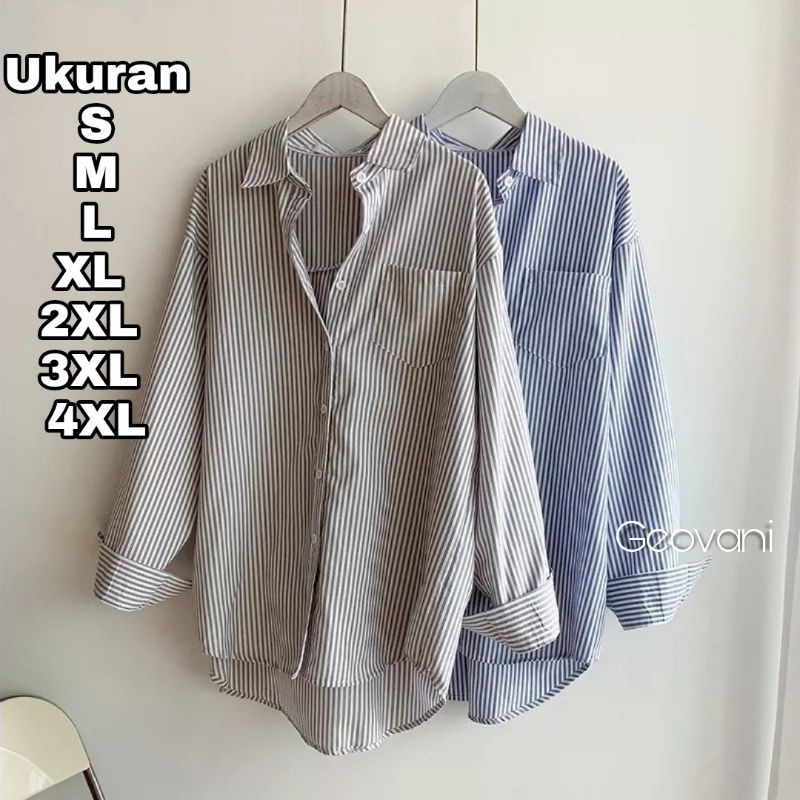 Premium Series GEOVANI Kemeja Salur Wanita Size S M L XL XXL XXXL XXXXL 4XL 2XL 3XL 5XL 2L 3L 4L 5L Kemeja Basic Jumbo Atasan Big Size Oversize Baju Kerja Kantor Korea