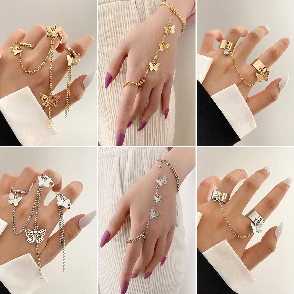 Set Perhiasan Cincin Rantai Model Kupu-Kupu Ular Warna Emas Perak Untuk Wanita