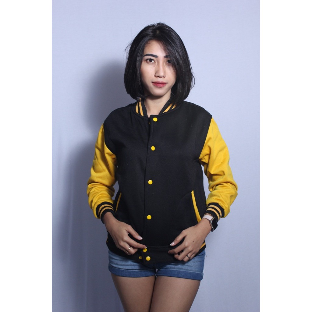 Jaket Sweater Baseball Varsity Polos Hitam Kuning BARANG BERKUALITAS PALING KECE