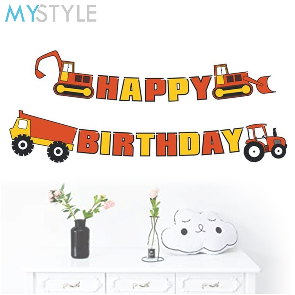 HAPPY TIME BANNER ULANG TAHUN TRUK TRUCK BULDOZER BANNER HAPPY BIRTHDAY BANNER DEKORASI MURAH