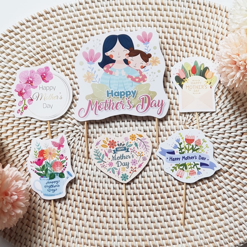 satu set cake topper hiasan kue tema hari ibu happy mother's day