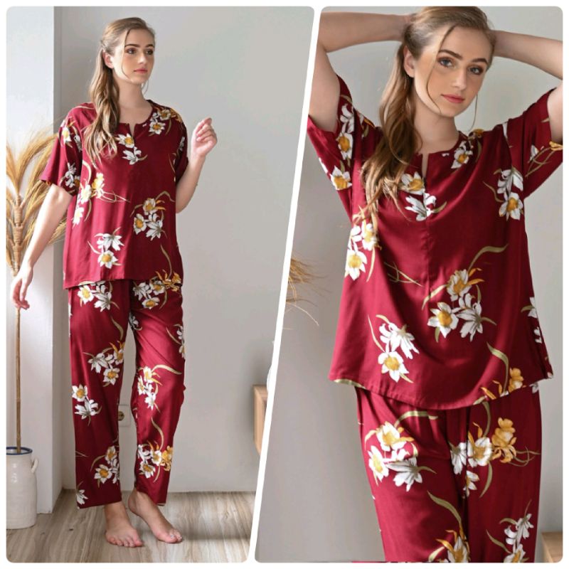 ONE SET PIYAMA RAYON STELAN CELANA PANJANG LENGAN PENDEK SLETING AKTIF-CPJ SLTG MAWAR MARON