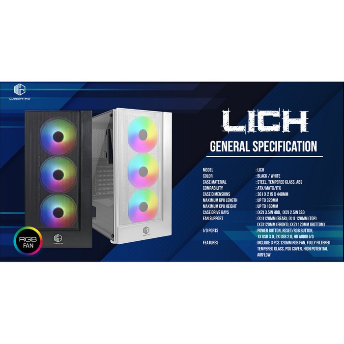 CUBE GAMING LICH WHITE VERSION - ATX - LEFT SIDE TEMPERED GLASS - PSU COVER - FREE 3 PCS 12CM RAINBO