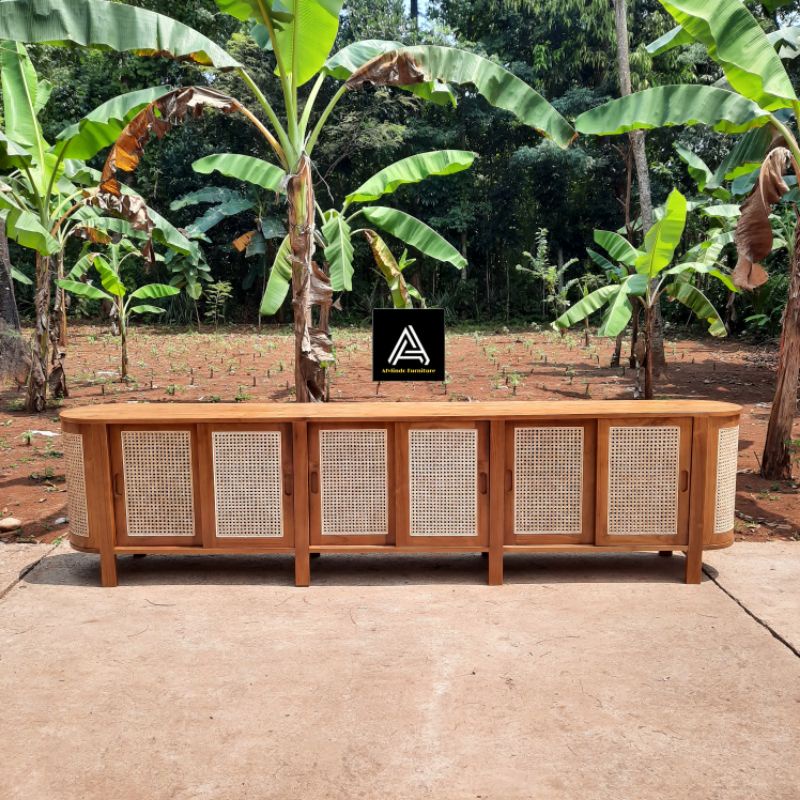 bufet meja hias meja pajangan meja tv kayu jati dan rotan panjang 3 meter