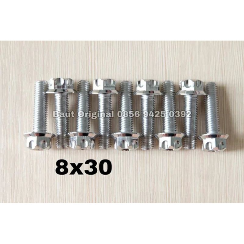 baut probolt 8x30 mm stainless new model drat 12 panjang 3 cm 12 silver gs1 gear 2 kunci belimbing heng