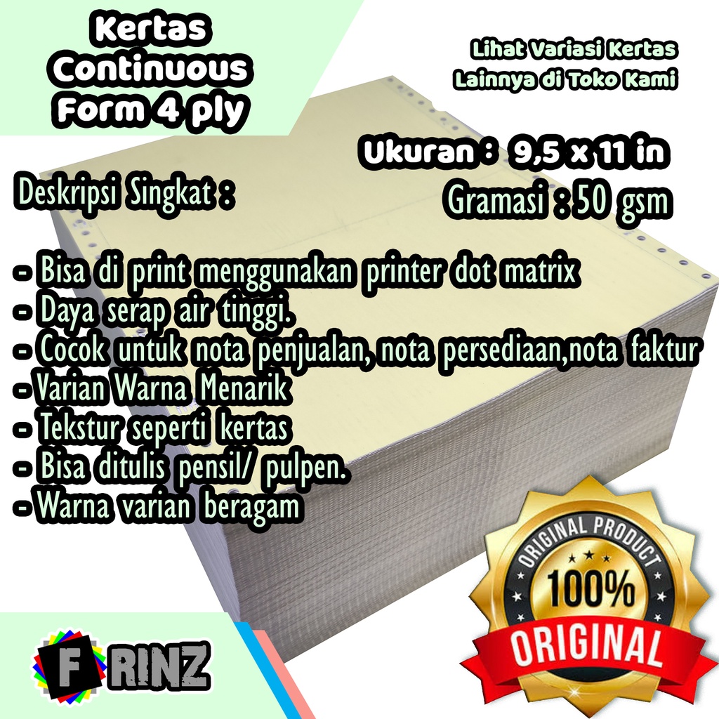 

Kertas Continuous Form 4 ply dan 4 ply PRS 9,5 x 11 Kertas Komputer 50 gsm