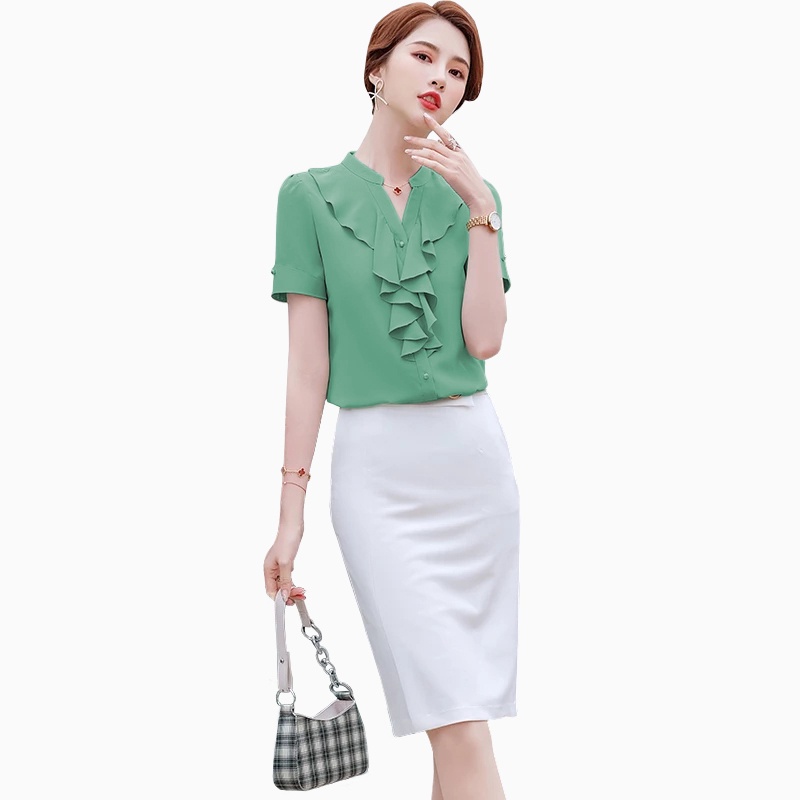 Kemeja Leher V Lengan pendek gaya korea variasi rampel di leher model terbaru - XSHOP Senka