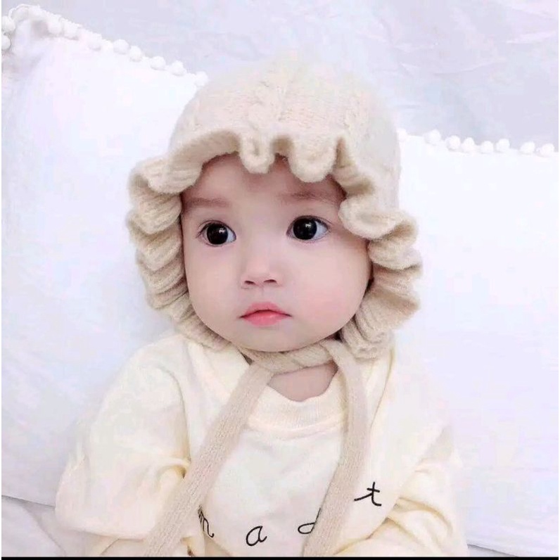 Kupluk rajut bonnet ruffle baby new brown 0sd 1thn