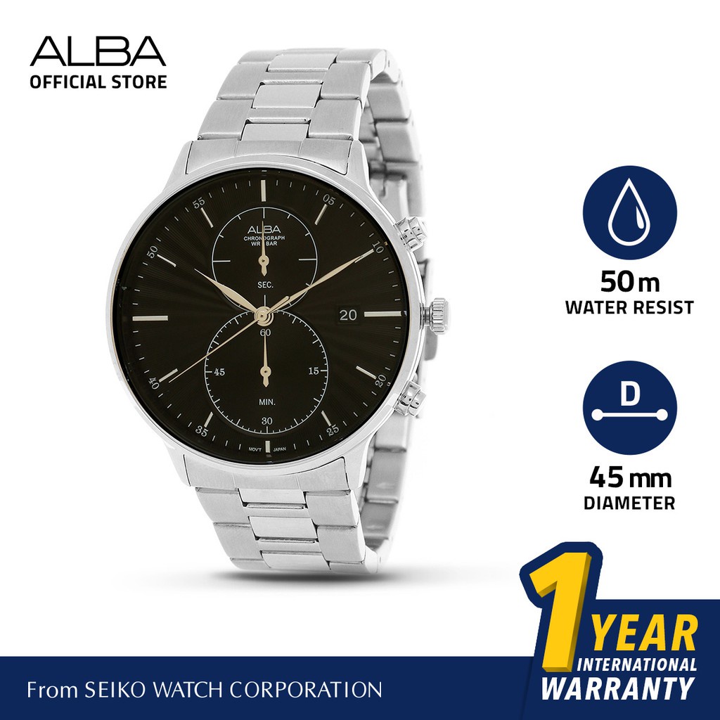 Alba Prestige Jam Tangan Pria Chronograph AW4003 / AW4003X1 Quartz Black Pattern Dial Stainless Stee