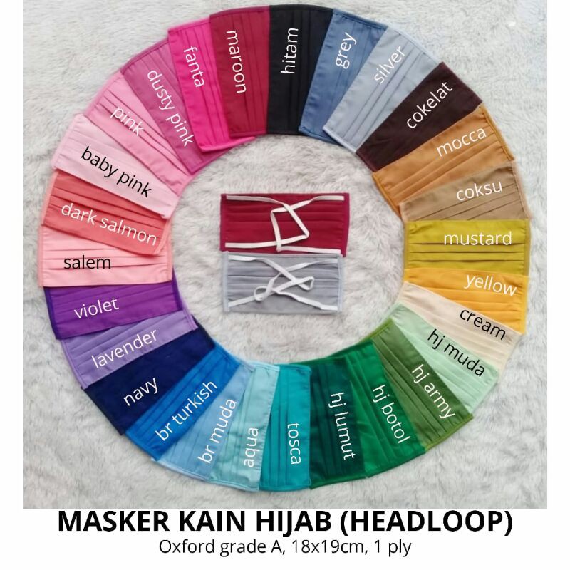 Masker Kain Hijab Tali Karet Headloop (Oxford Grade A) 1 Ply Warna Polos Adem Tebal Grosir Murah