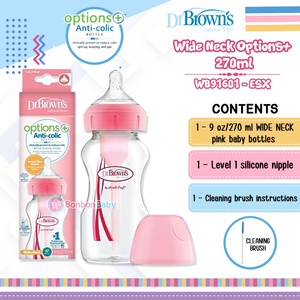 Dr Brown's Bottle Wide Neck Option+ 270ml PINK 91601 / botol susu bayi