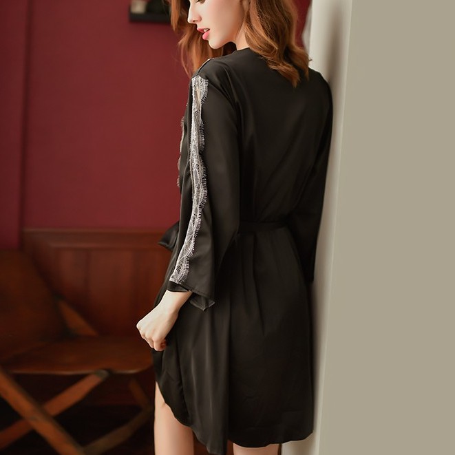 Sleepwear Kimono Lingerie Lace Sexy Night  Dress 8132-Black