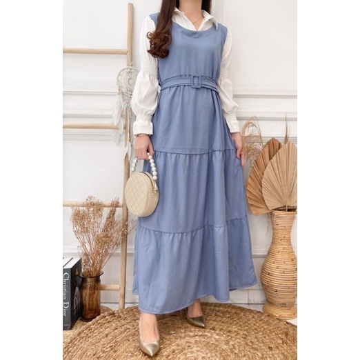 ⚡️CLEARANCE SALE ♡ PREMIUM ♡ ORIGINAL ! TERRE GAMIS LONG SLEEVE COLLAR LAYER MAXI LONG DRESS WITH BELT ( HIJAB FRIENDLY )