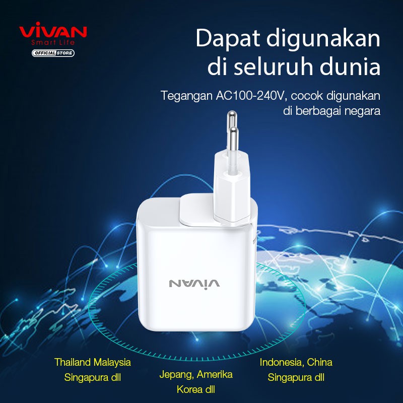 VIVAN Power Boost 2 Output USB &amp; Type C Travel Charger 45W 5A with AU/EU Plug Support Macbook