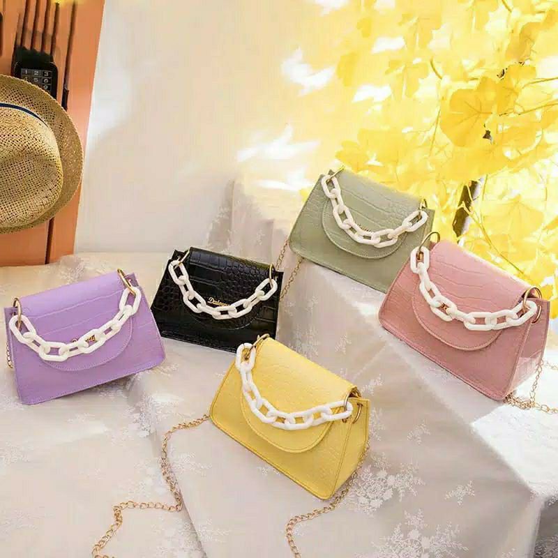 Tas Selempang Wanita Croco LUNA Rantai Putih